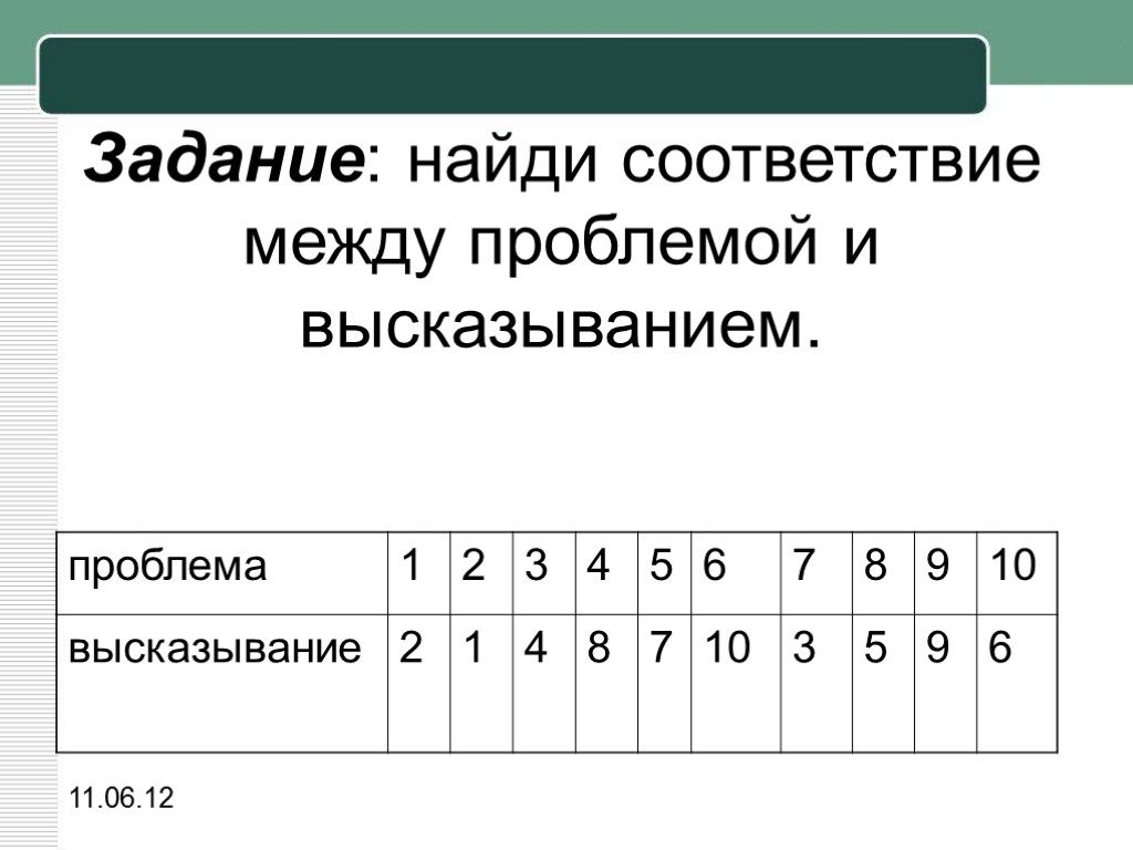 11.06.12 Задание: найди соответствие между проблемой и высказыванием.